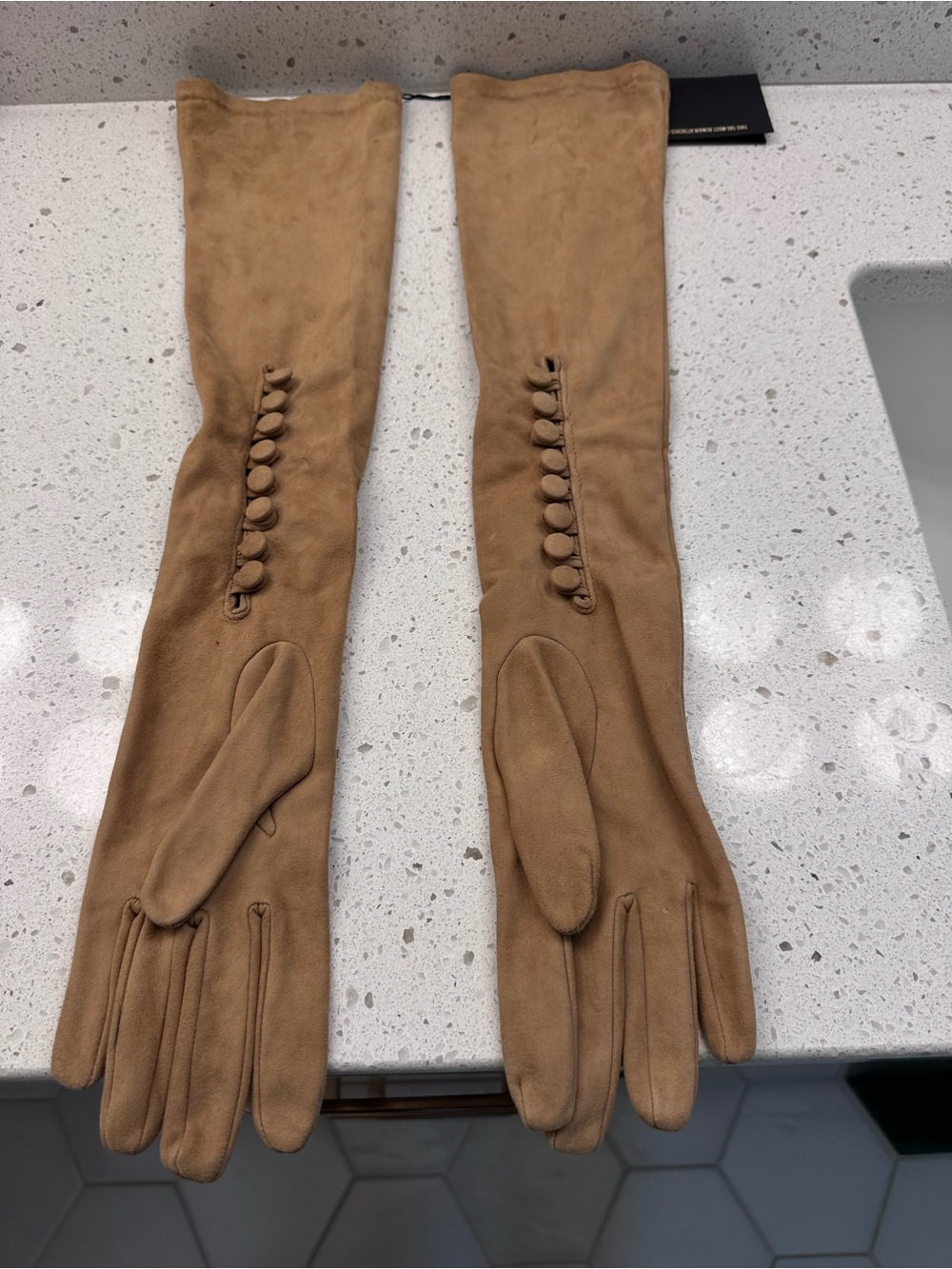 DSQUARED2 Long Tan Suede Opera Gloves with Button Detail